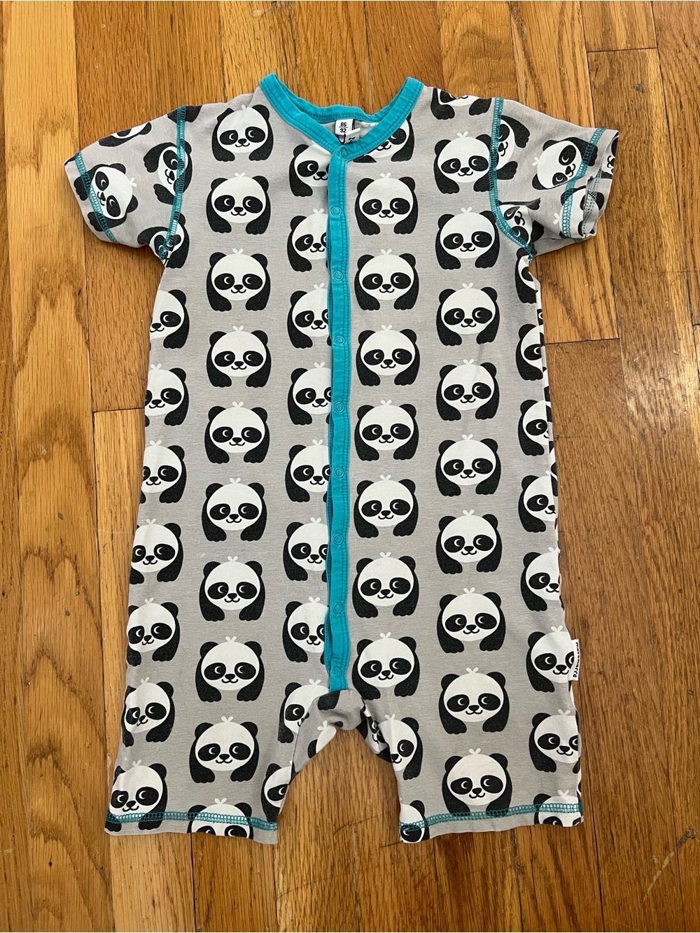 Maxomorra Kids Grey Panda One-Piece Romper with Teal Trim